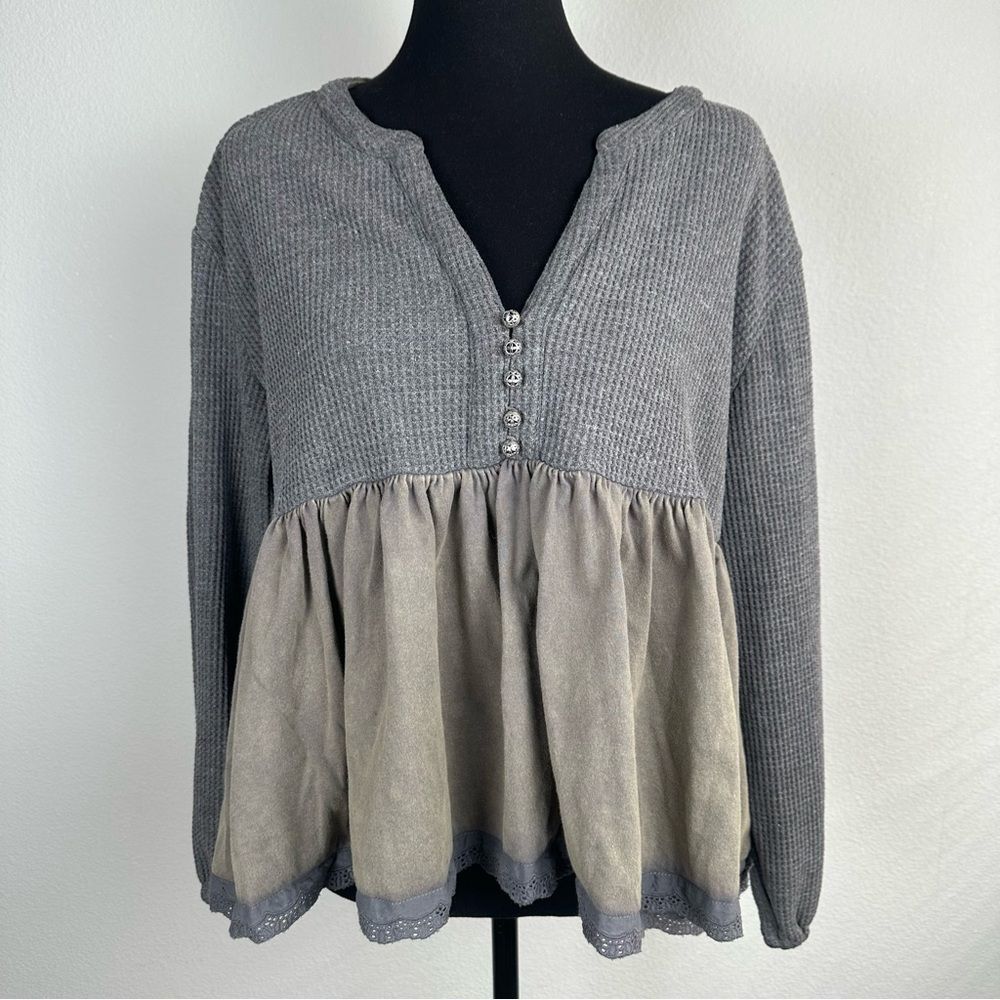 Adora Grey Mineral Washed Babydoll Top Sz Small Waffle Knit Thermal Casual Boho